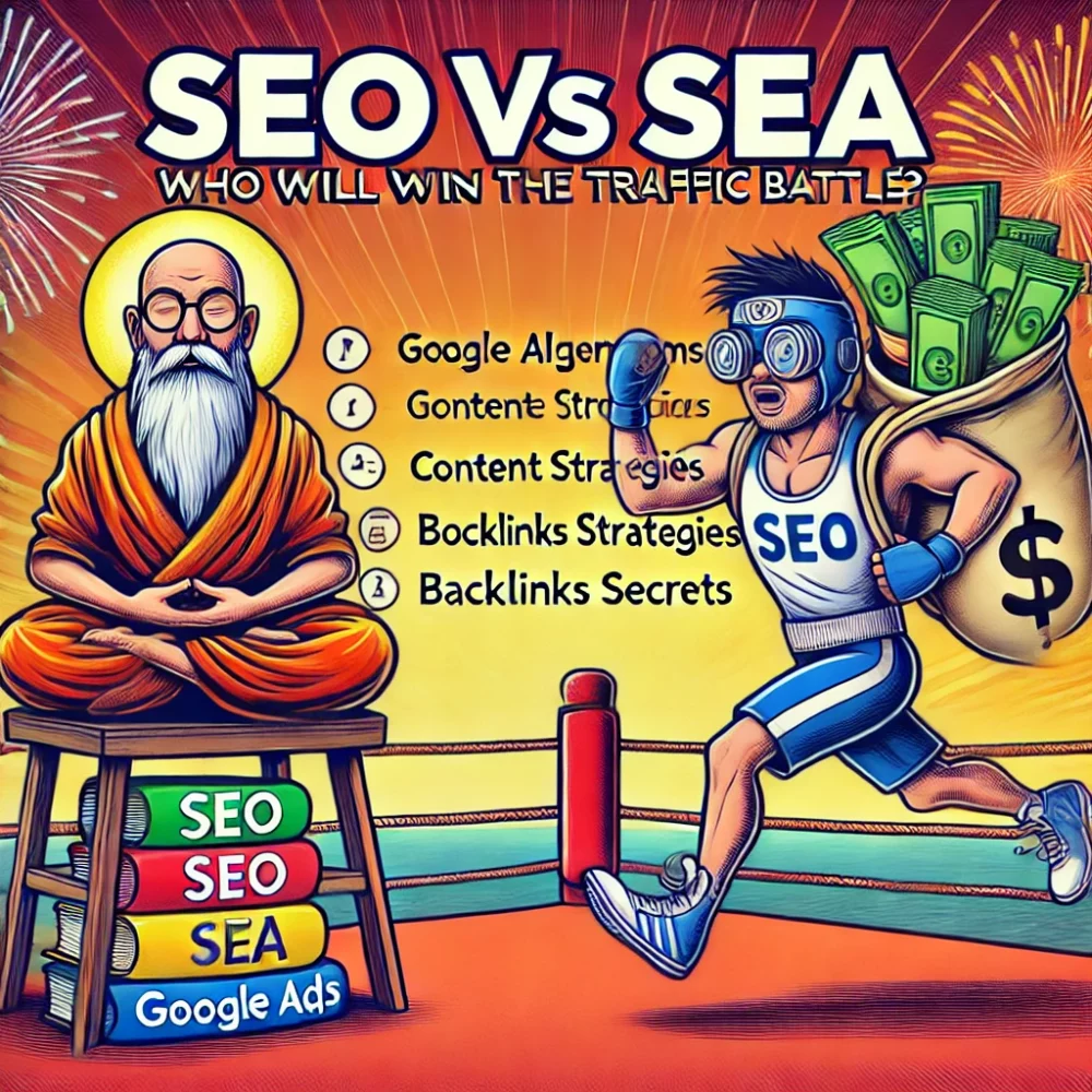 Comic-style illustration depicting a duel between SEO, a wise monk meditating on strategies, and SEA, a wild sprinter holding cash and ads, in a competitive ring.