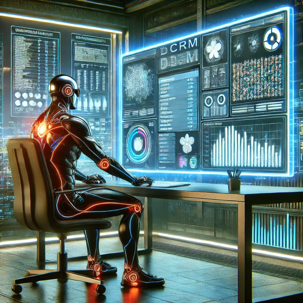 A futuristic superhero in a high-tech suit sits at a sleek, modern desk, working on a large digital screen displaying a CRM being cleaned and optimized. Holographic elements float around, representing data organization. The scene has a futuristic office vibe with neon-lit panels and a panoramic city skyline
