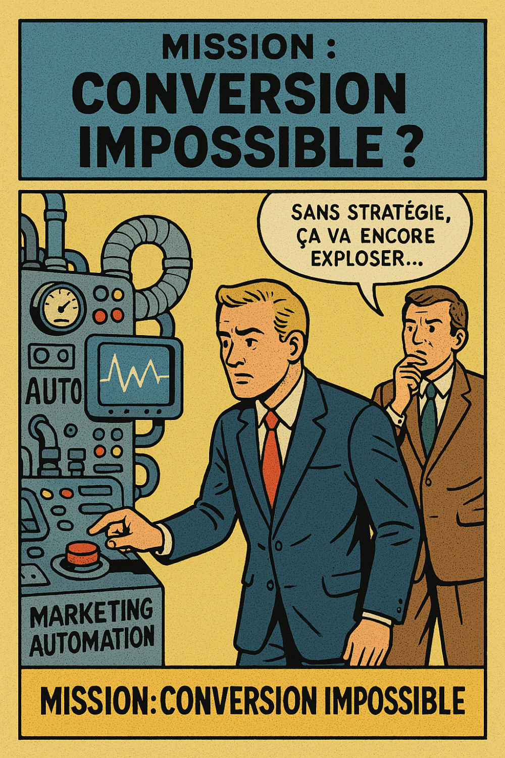 70s comic-style illustration of a B2B salesman facing a complex marketing automation machine