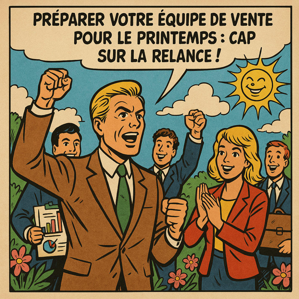 1970s retro comic-style illustration of an energetic sales team launching a spring campaign, under a bright sun.
