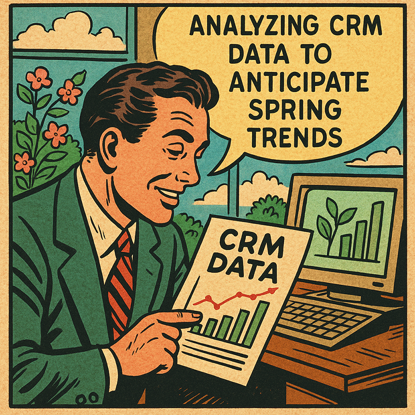Análisis CRM primavera: ilustración retro de los años 40 de un profesional analizando datos para anticipar tendencias