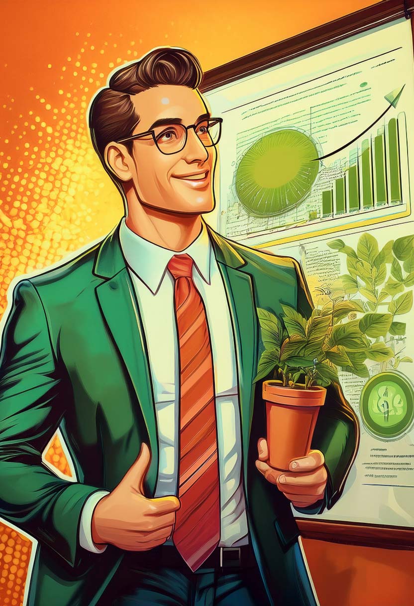 Smiling businessman in a green suit holding a potted plant, standing in front of a chart showing sustainable economic growth — illustration of an eco-friendly commercial strategy.