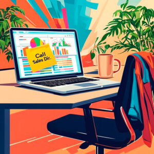 Desk with laptop and empty chair symbolizing the flexibility of a fractional sales director