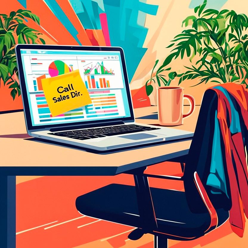 Ordinateur portable affichant des graphiques de performance, avec un post-it "Call Sales Dir." dans un bureau coloré, symbole d’une direction commerciale externalisée active.