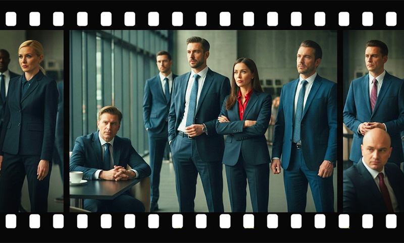 Un equipo de profesionales en traje en una oficina, presentado como un reparto de película con marco de cinta cinematográfica.