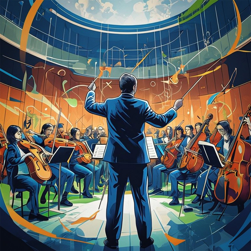 Conductor leading a harmonious orchestra – a metaphor for leadership and team cohesion