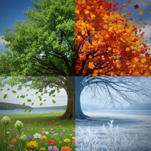Symbolic tree split into four seasons, representing Gen Z, Millennials, Gen X, and Boomers working together across the professional lifecycle.