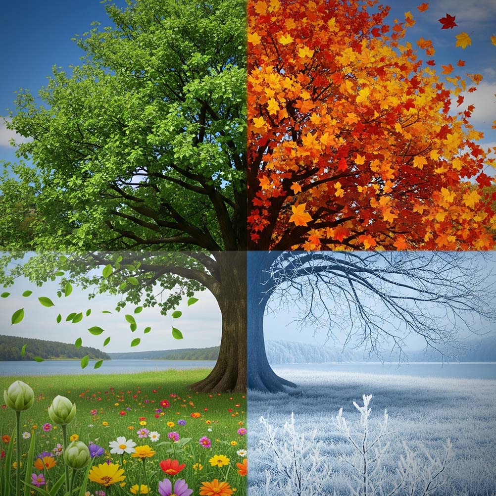 Symbolic tree split into four seasons, representing Gen Z, Millennials, Gen X, and Boomers working together across the professional lifecycle.
