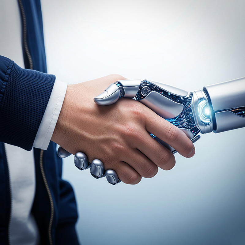 Handshake between a human hand and a robotic hand, symbolizing the synergy between technology and customer relationship management.
