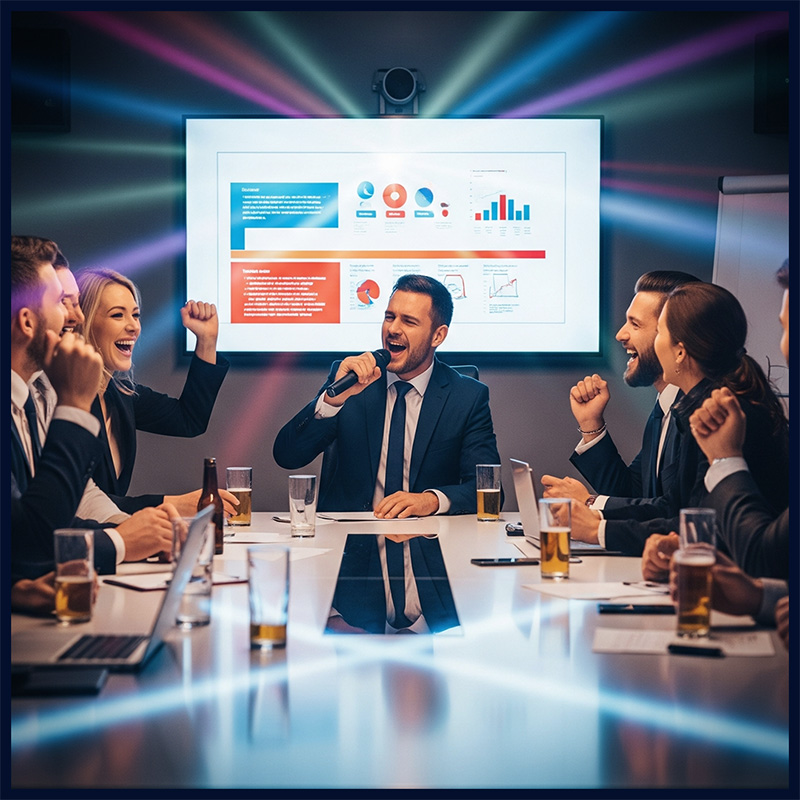 Réunion d’entreprise transformée en karaoké, un manager en costume chante au micro devant des slides PowerPoint, ambiance festive et colorée.