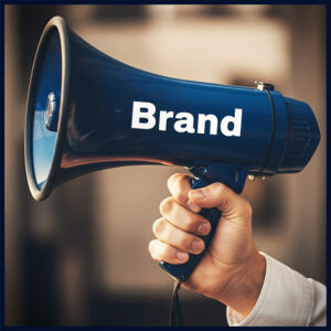 Brand ambassador holding a megaphone with the word Brand, symbolizing customer loyalty and advocacy.