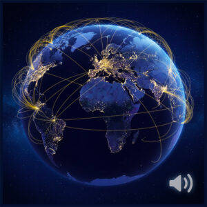 Planeta Tierra iluminado de noche con conexiones doradas entre continentes, simbolizando el networking profesional internacional.