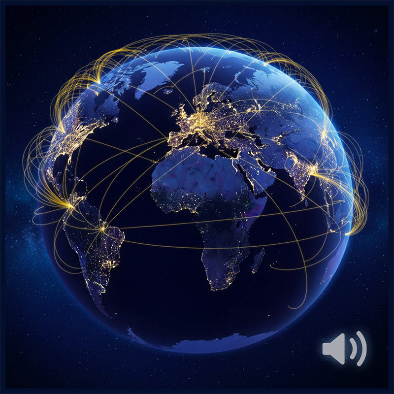 Planète Terre illuminée de nuit avec des connexions lumineuses dorées entre les continents, symbolisant le réseautage professionnel international.