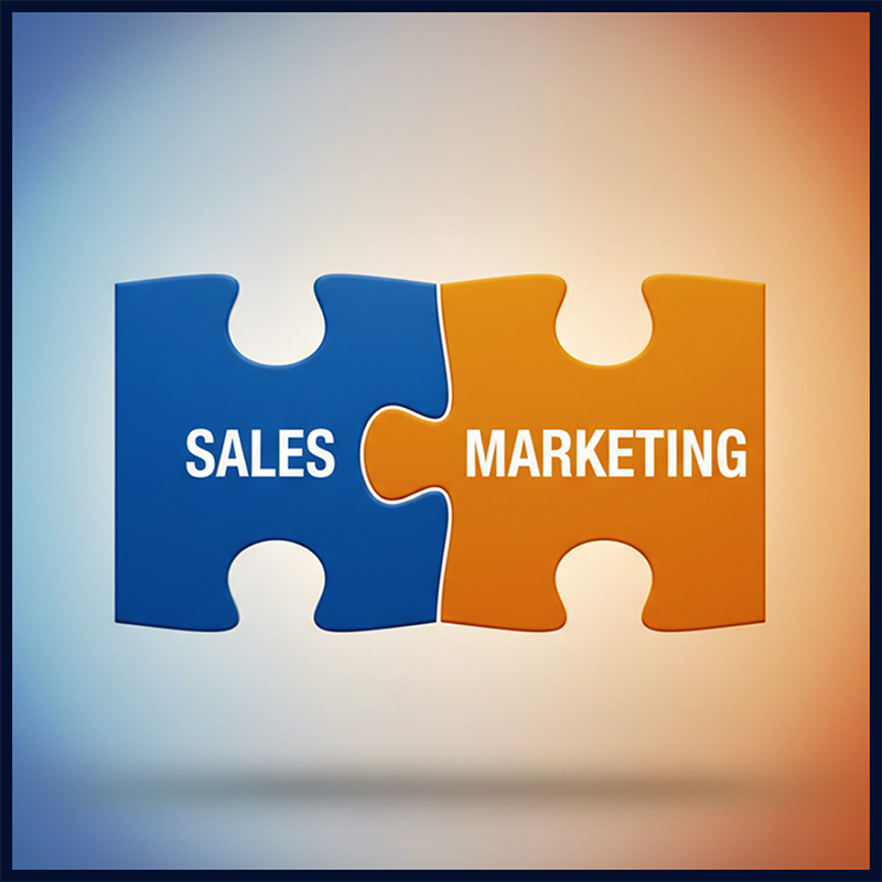 Two puzzle pieces labeled “Sales” and “Marketing” fitting together, symbolizing teamwork and collaboration between departments.